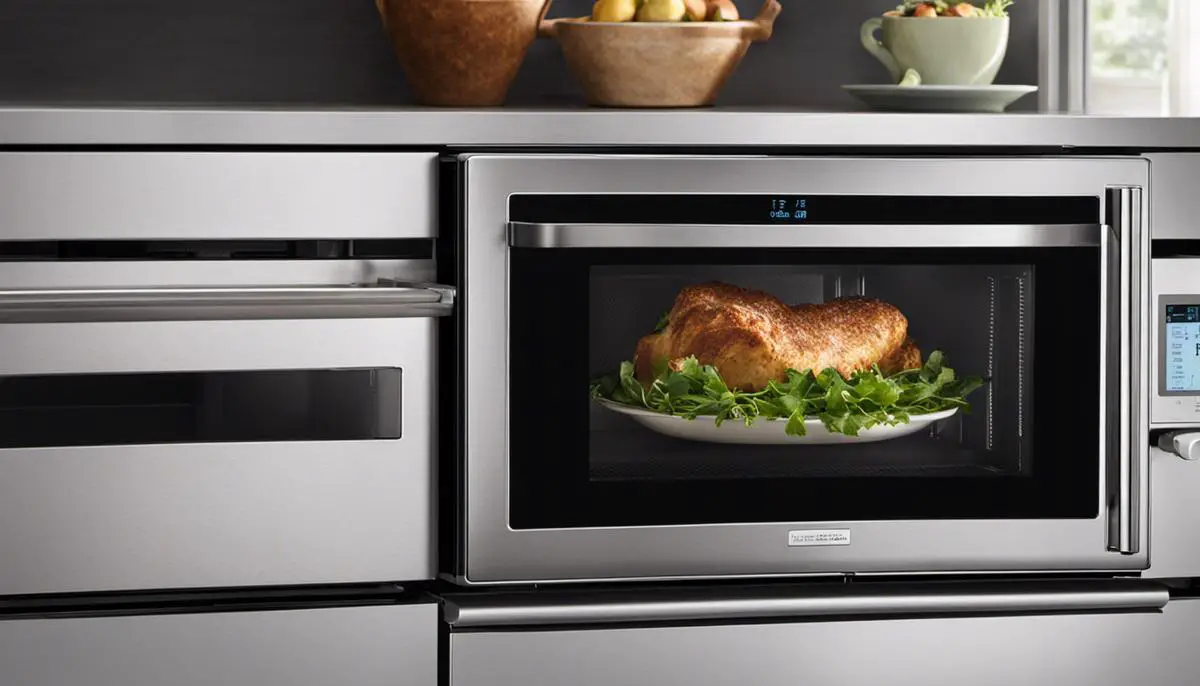 Microwave displaying advanced features with touch panel controls, sensor cooking, and compatibility with smart home systems.