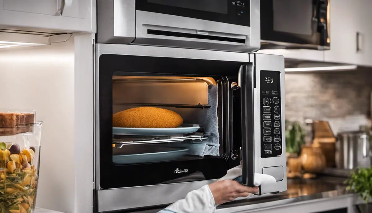 A person cleaning the interior of a microwave oven with a soft cloth.