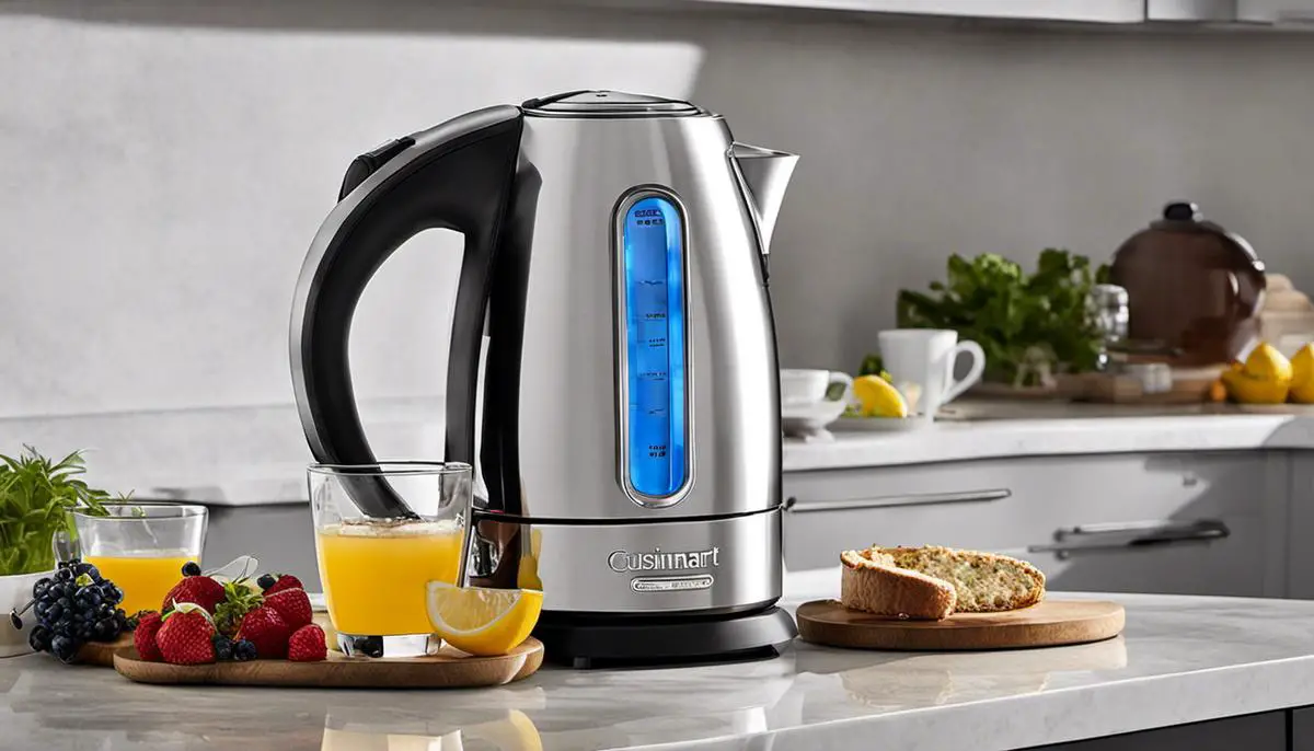An image of a modern electric kettle with blue backlit water window, representing the described Cuisinart 1.7-liter capacity kettle