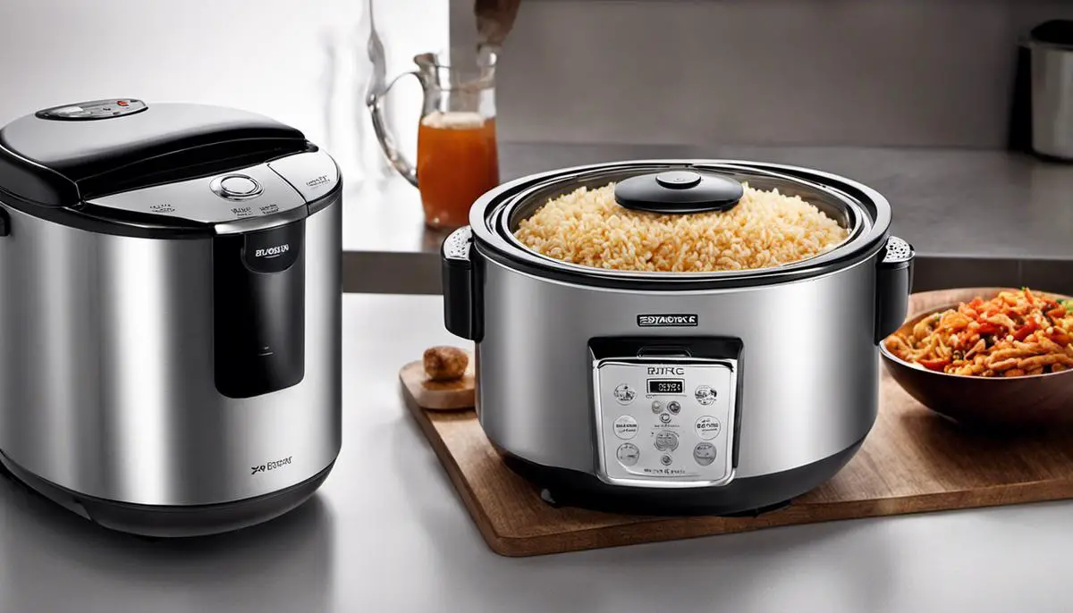 Image depicting a rice cooker with an automatic keep-warm function, highlighting its importance in keeping rice warm and maintaining its flavor.