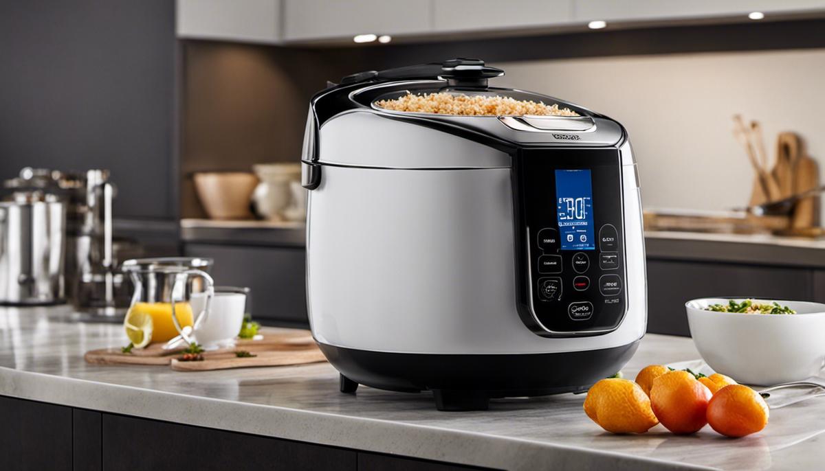 A rice cooker sitting on a kitchen countertop.