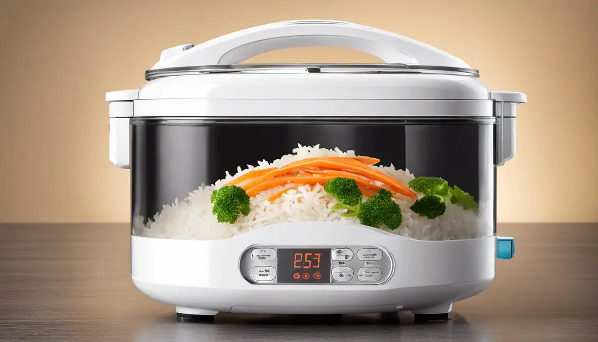 A white rice cooker with a transparent lid, filled with cooked rice and steam coming out of it.