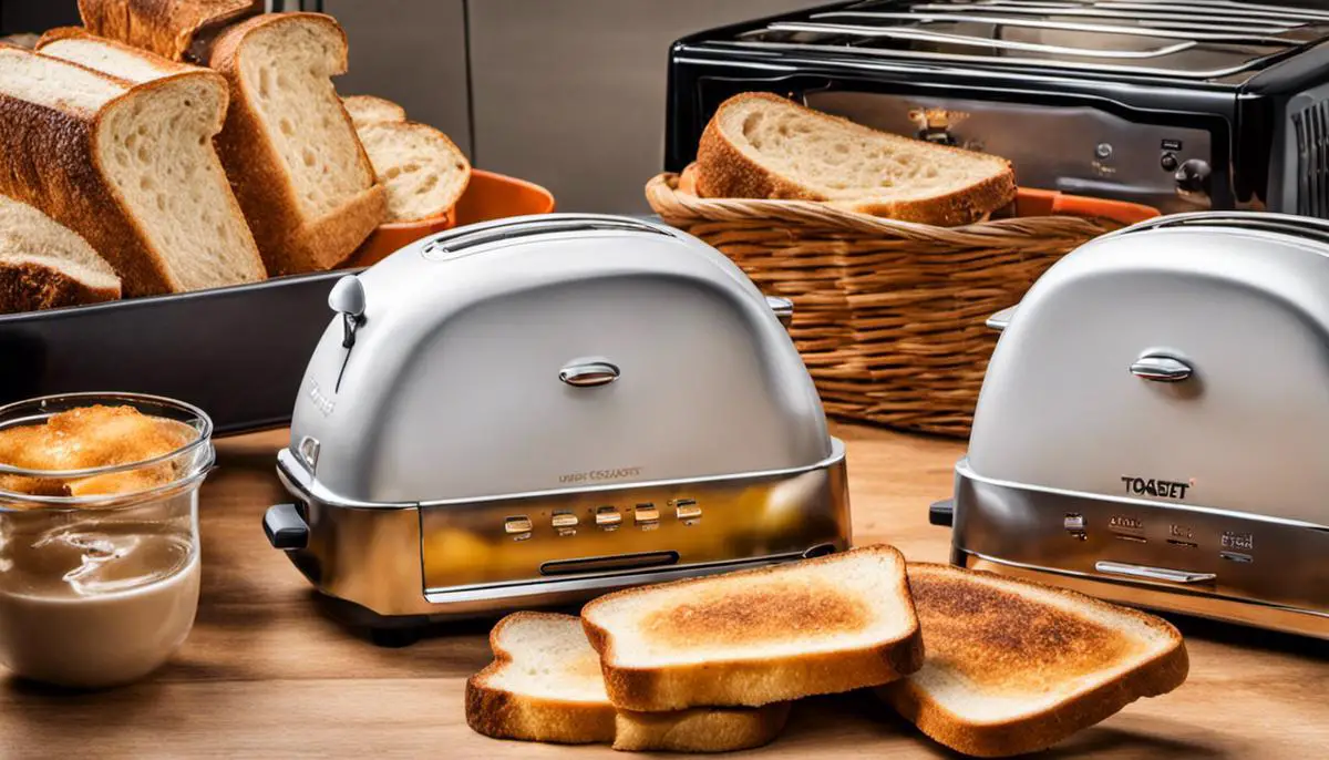 Image depicting different budget-friendly toasters with stacks of toasted bread, representing user experiences with various toasters