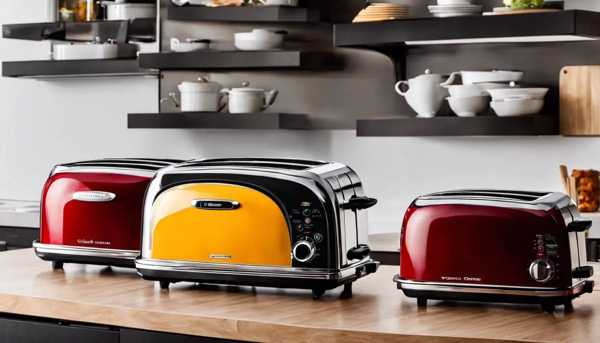 A group of toaster ovens lined up on a kitchen counter
